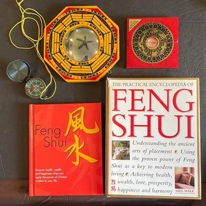 BUNDLE of 2 Feng Shui books, 2 compasses, and Pa Kia Mirror